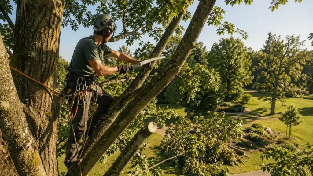Baumpflege Aufträge – Baumpfleger bei der Kronenpflege in Seilklettertechnik im sonnigen Park
