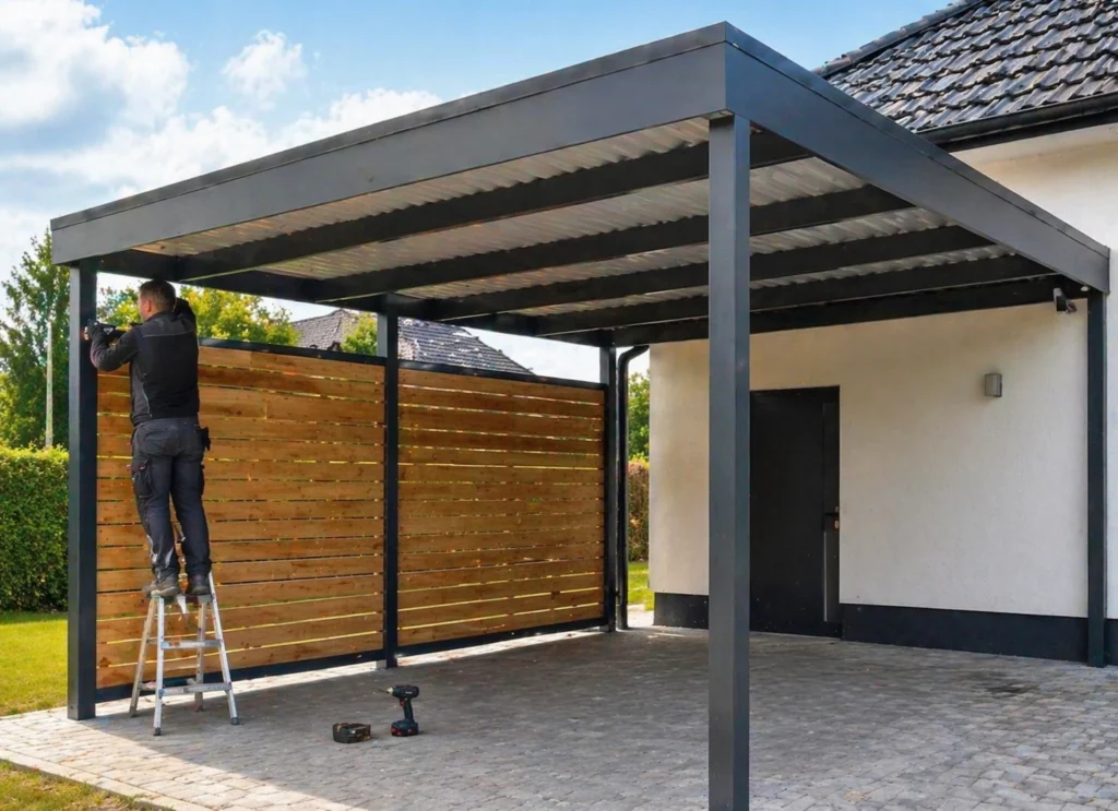 Carport bauen lassen: Handwerker montiert modernen Carport mit Metallrahmen und Holzelementen neben einem Wohnhaus