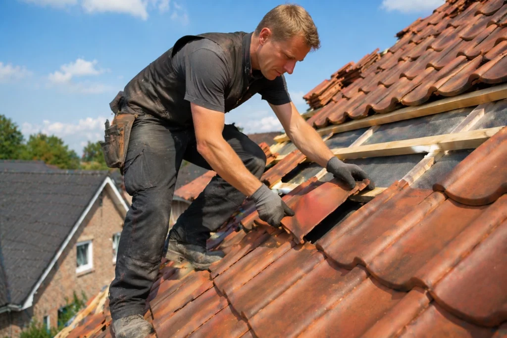 Dachdecker Aufträge: Handwerker verlegt Dachziegel auf einem Hausdach bei Bau- oder Reparaturarbeiten