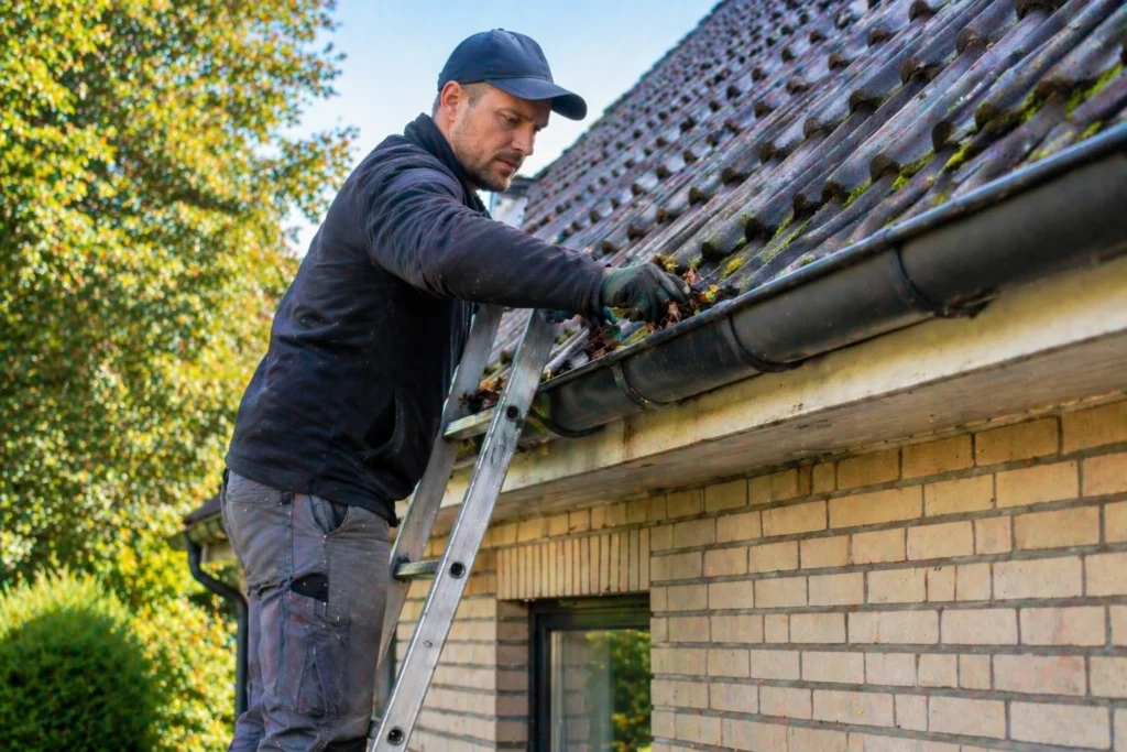 Dachrinne reinigen: Handwerker steht auf einer Leiter und säubert eine verstopfte Dachrinne an einem deutschen Einfamilienhaus