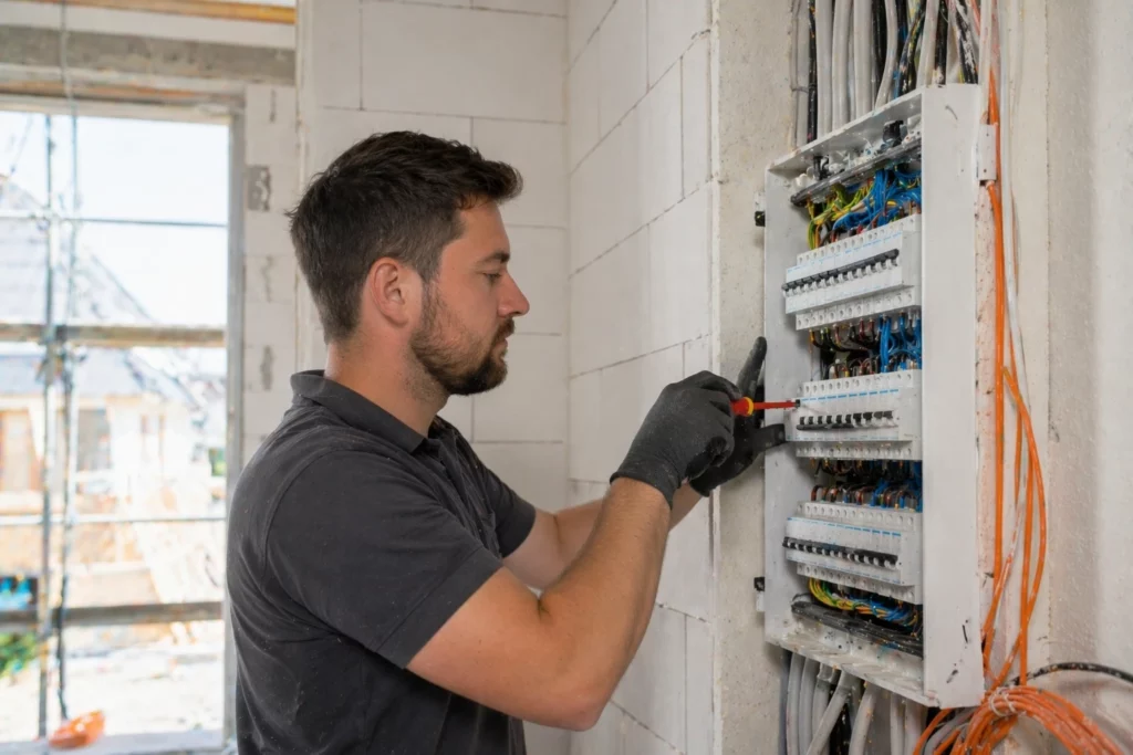 Elektroinstallation Kosten: Elektriker installiert einen Sicherungskasten bei der Elektroinstallation in einem deutschen Neubau