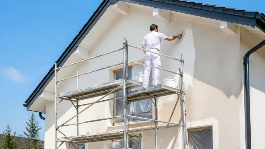 Fassadenbauer Aufträge – Handwerker trägt hellen Putz auf die Einfamilienhaus-Fassade auf