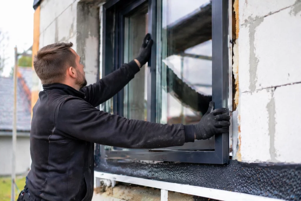 Fensterbauer Aufträge: Handwerker baut ein modernes Fenster in die Hauswand auf einer Baustelle ein