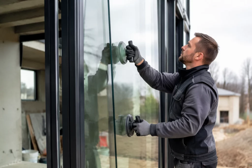 Glaser montiert mit Saugnäpfen eine große Glasscheibe in einen Fensterrahmen auf einer Baustelle