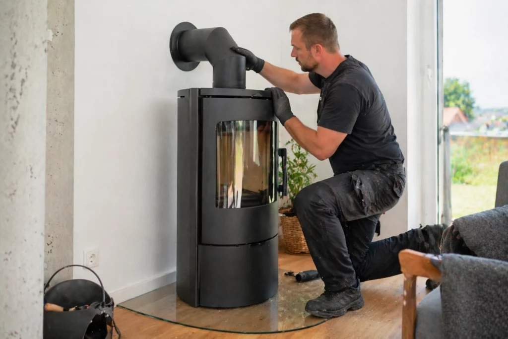Kaminofen einbauen: Handwerker installiert und schließt einen modernen Kaminofen in einem deutschen Wohnzimmer an
