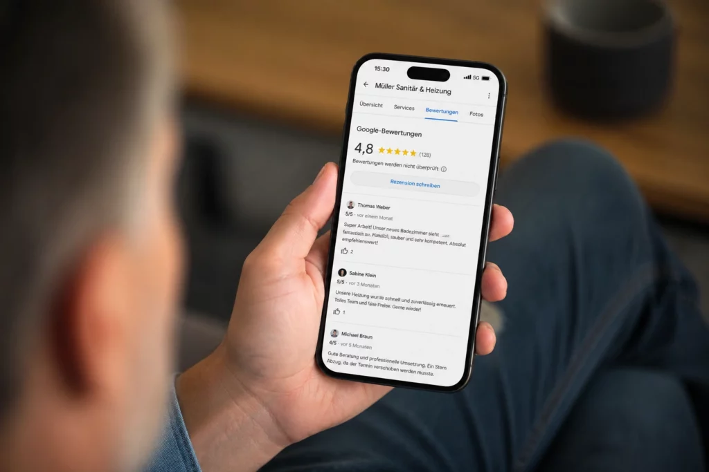Kunde liest Google-Bewertungen eines Handwerkerbetriebs auf dem Smartphone