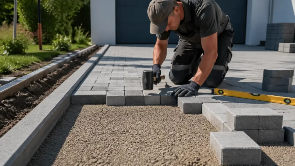 Pflasterer Aufträge – Pflasterer setzt Betonsteinpflaster mit Gummihammer auf sichtbares Kiesbett