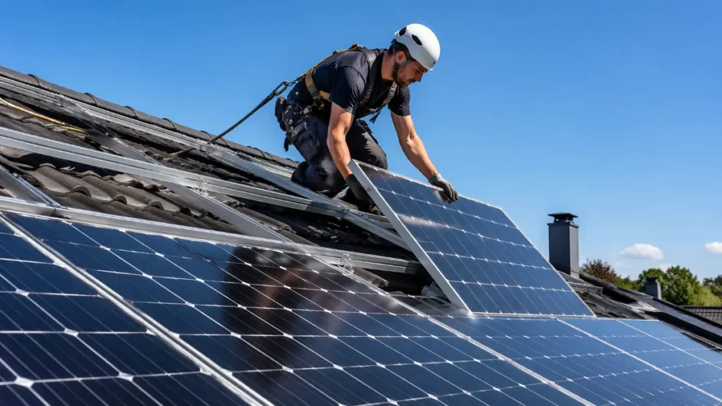 Photovoltaik-Monteur Aufträge – Solarteur mit Sicherheitsgurt montiert PV-Module auf einem Hausdach