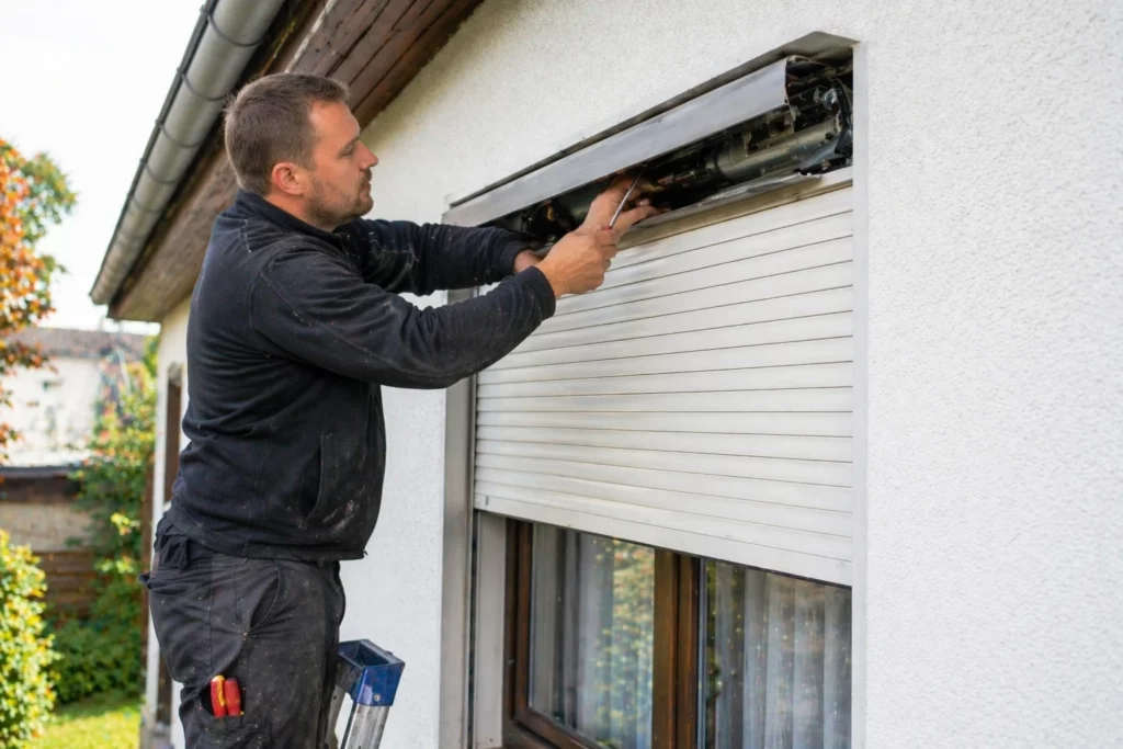 Rolladen reparieren: Handwerker repariert einen defekten Rolladen an einem deutschen Wohnhaus