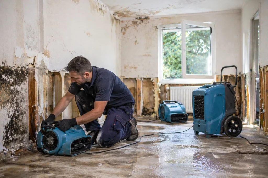 Wasserschaden sanieren: Handwerker trocknet beschädigten Raum mit Bautrocknern und Lüftern nach Wasserschaden