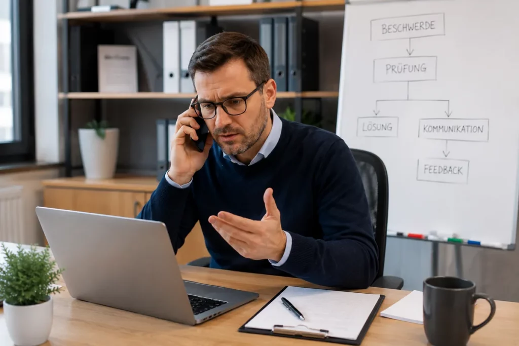 Beschwerdemanagement für Dienstleister – Mitarbeiter löst Reklamation professionell am Telefon.