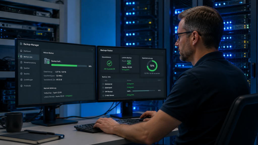 IT-Techniker prueft Datensicherung im Serverraum