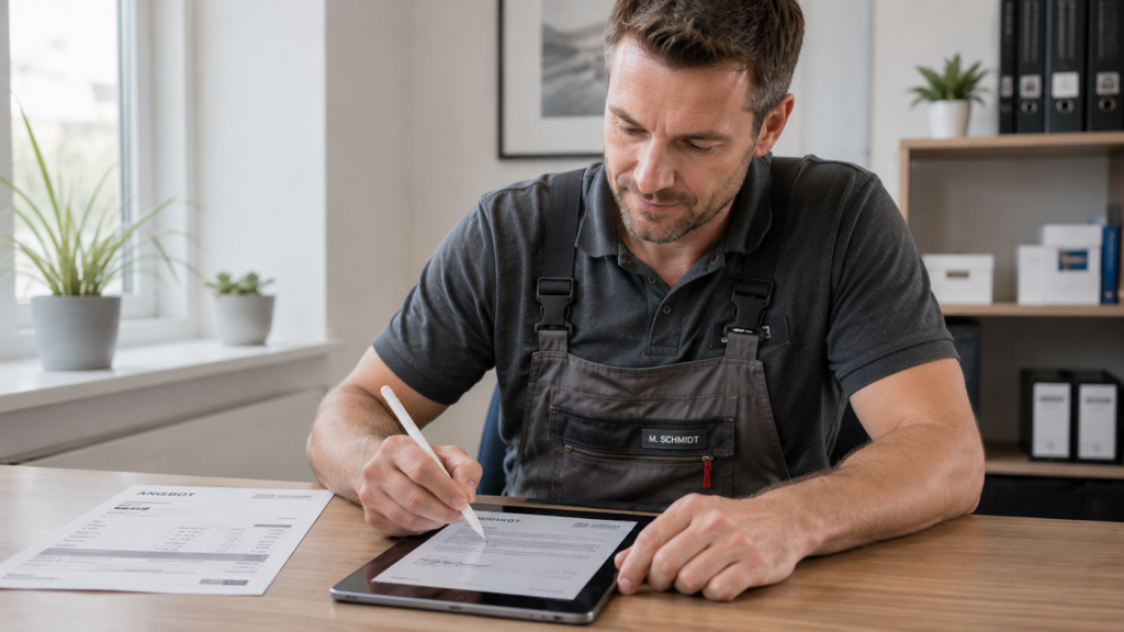 Handwerker unterschreibt digital auf Tablet