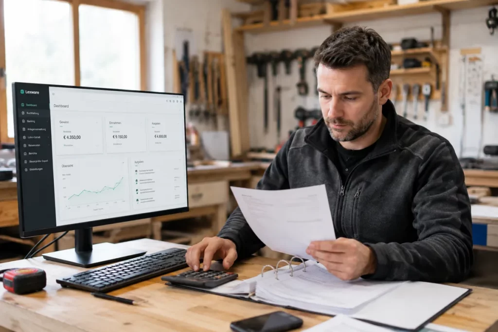 Buchhaltungssoftware für Handwerker – Handwerker prüft Unterlagen neben digitalem Buchhaltungs-Dashboard.