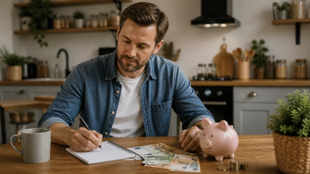 Junger Handwerker erstellt Businessplan am Tisch