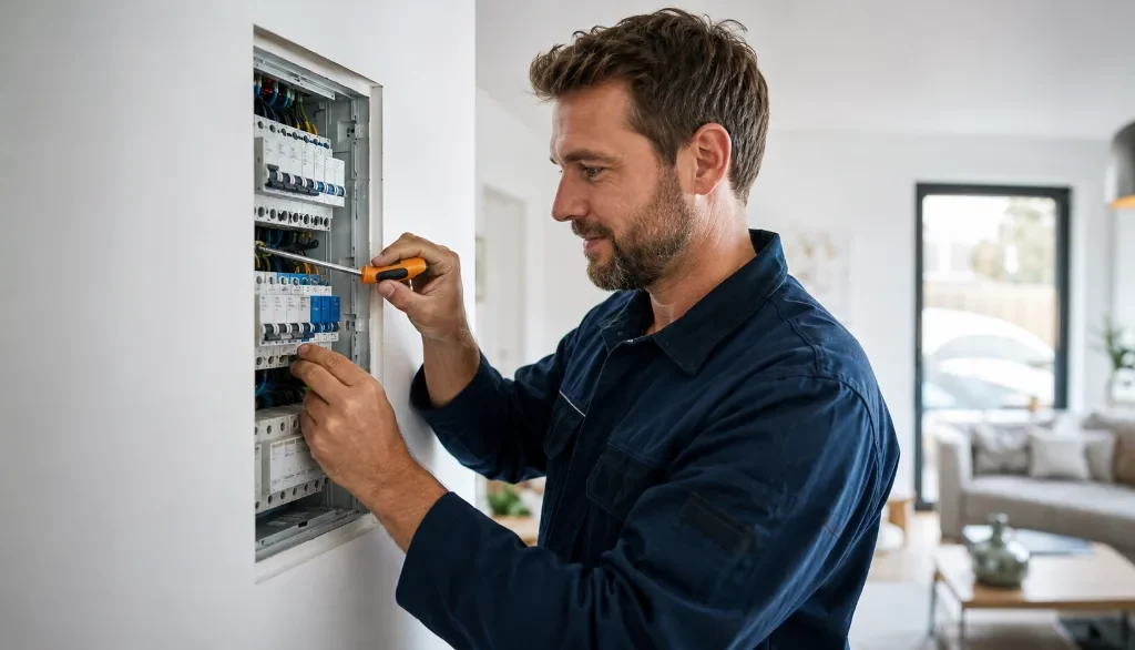 Elektriker am offenen Sicherungskasten beim Verdrahten in einem Wohnzimmer