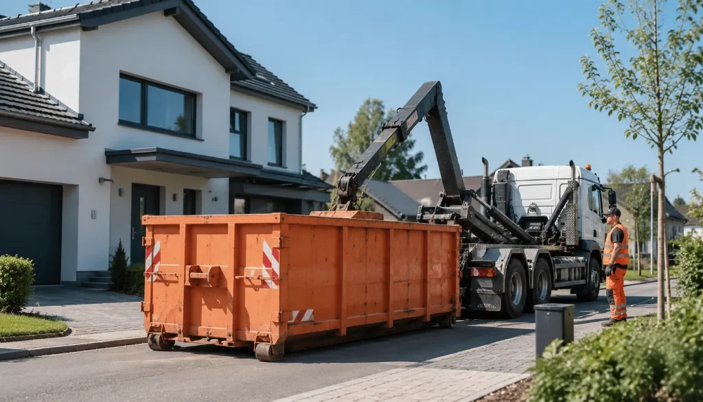 Container mit Bauschutt vor einem Wohnhaus