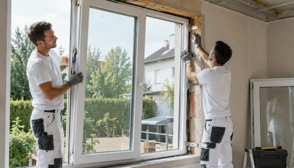 Fensterbauer montiert ein neues Kunststofffenster mit Dreifachverglasung in die Hauswand