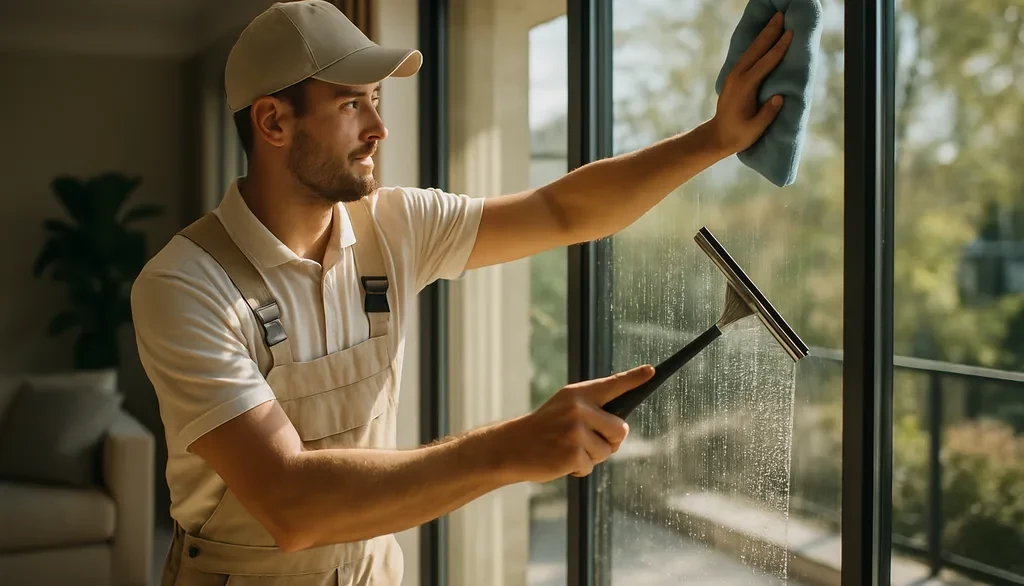 Fensterputzer reinigt eine bodentiefe Fensterscheibe in einem modernen Wohnzimmer