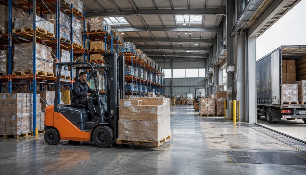 Logistikunternehmen - moderner Logistik-Hub mit LKW und Lager