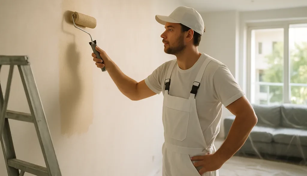 Maler beim Streichen einer Wohnzimmerwand in beige