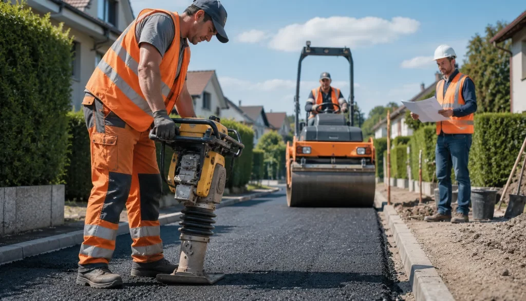 Pflasterarbeiten an einer Einfahrt durch einen Straßenbauer