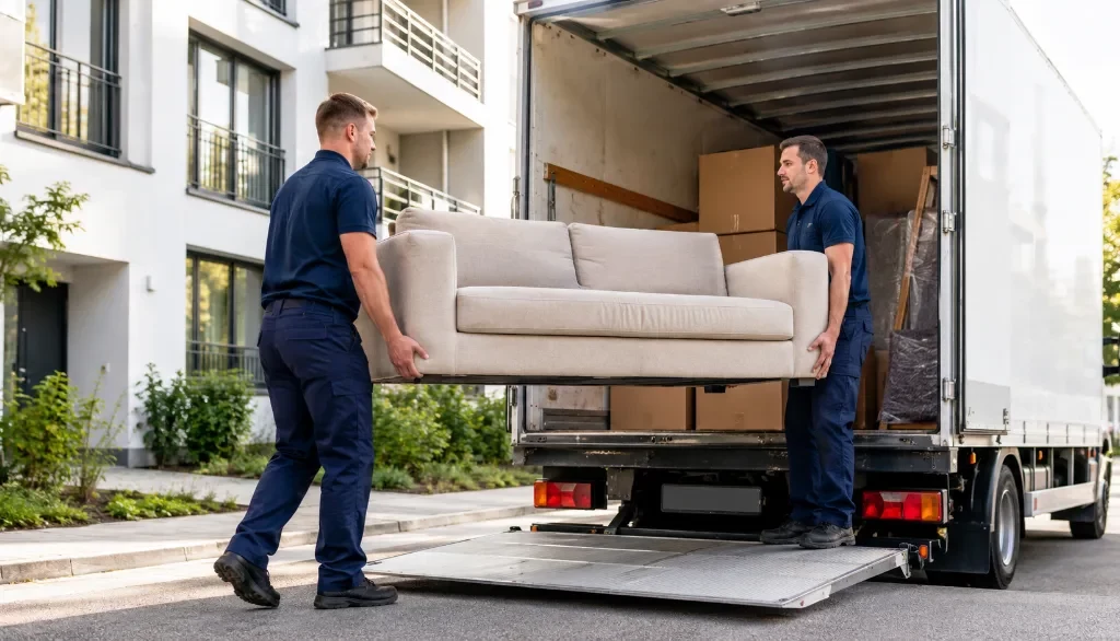 Umzugsunternehmen beim Verladen eines Sofas in einen Umzugs-LKW vor modernem Mehrfamilienhaus
