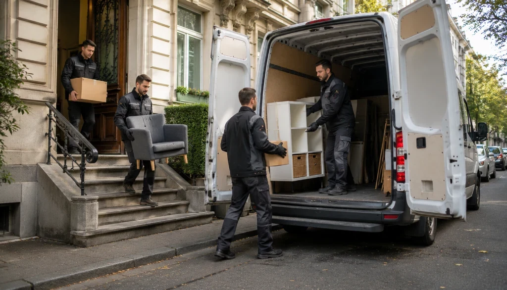 Mitarbeiter einer Wohnungsauflösung tragen Möbel und Hausrat aus einer leer geräumten Wohnung zum Transporter