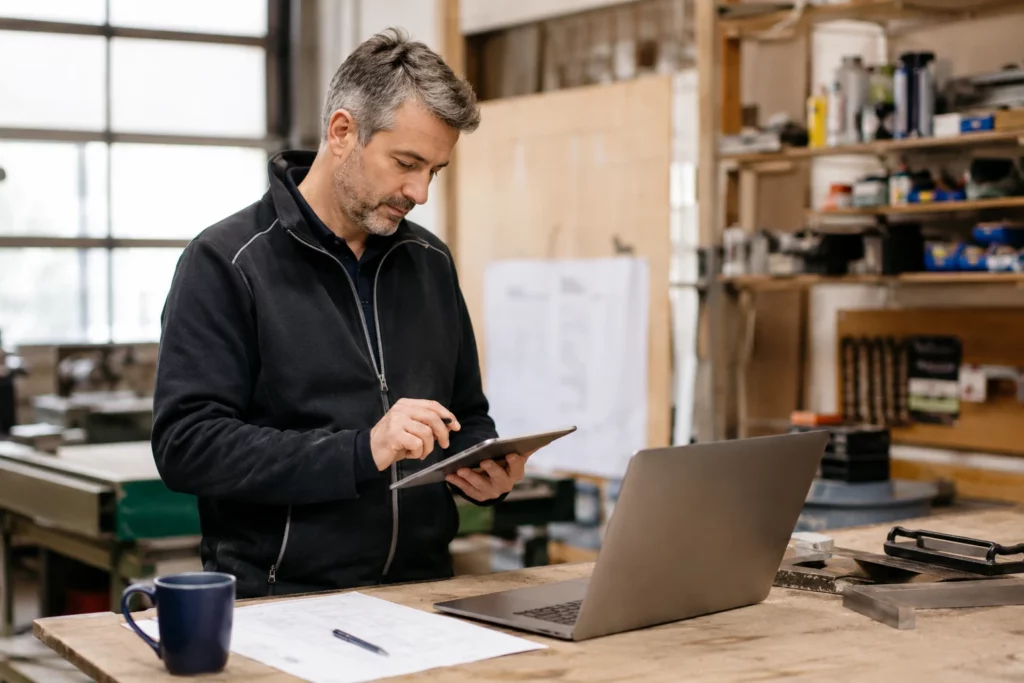 Digitalisierung im Handwerk – Handwerker nutzt Tablet und Laptop in einer modernen Werkstatt zur digitalen Arbeitsplanung.