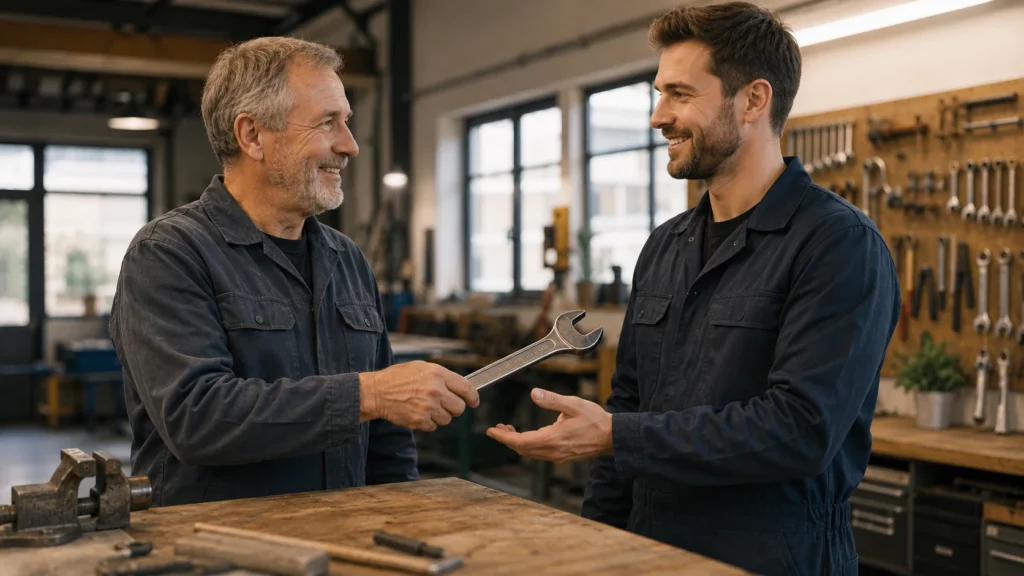 Handwerksmeister hält stolz seinen Meisterbrief