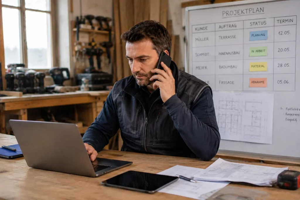 Projektmanagement für Handwerker – Handwerker plant Aufträge am Laptop in einer Werkstatt.