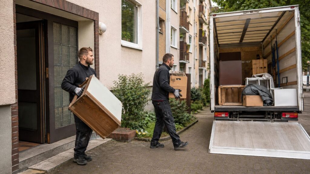 Zwei Mitarbeiter einer Entrümpelungsfirma tragen Möbel aus einem Mehrfamilienhaus – Symbolbild für Entrümpelung Kosten