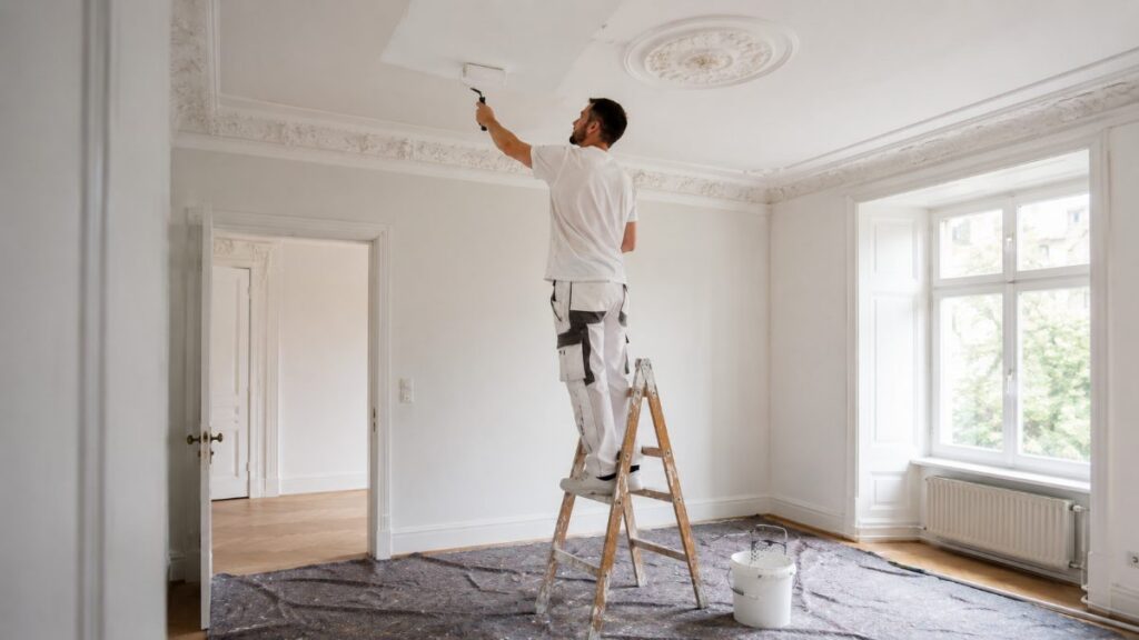 Malerarbeiten Kosten: Maler streicht eine Wand in einer Wohnung