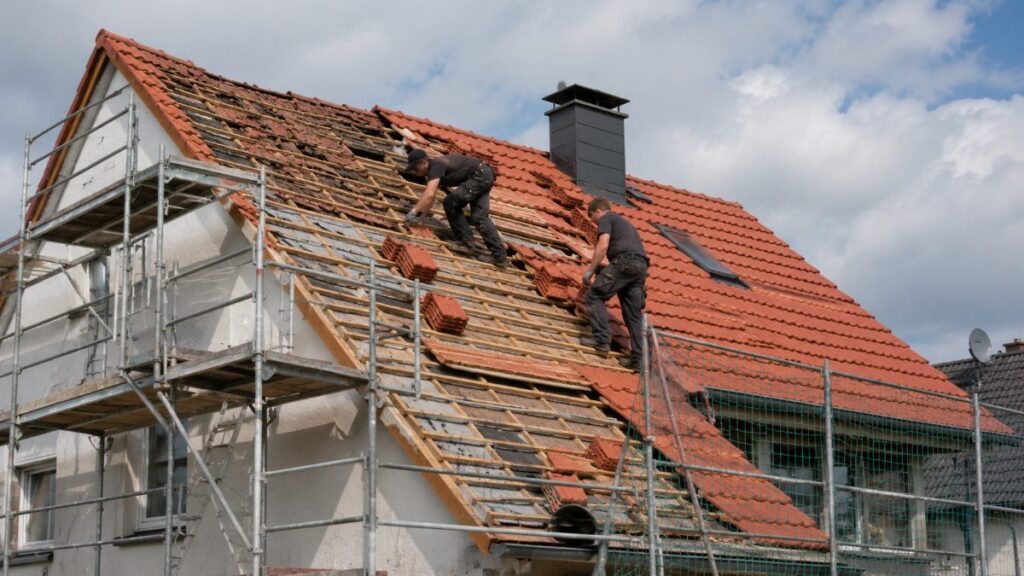 Dachsanierung Kosten: Dachdecker erneuert die Eindeckung eines Einfamilienhauses