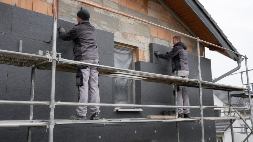 Fassadendämmung Kosten – Handwerker bringt Dämmplatten an einer Hausfassade an